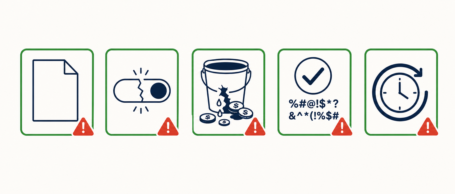 Five icons representing the failure patterns, each showing green with a red warning indicator