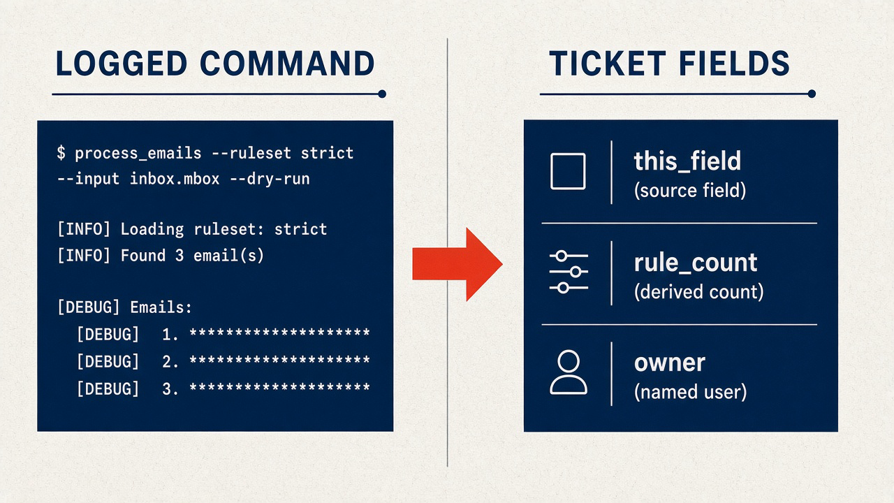 Logged command with redacted emails mapping to this_field, rule_count, named owner