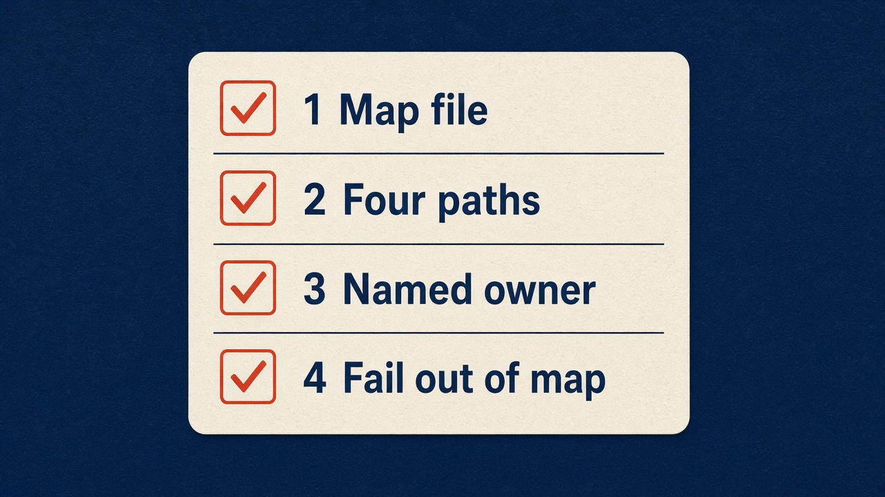 Monday checklist: map file, four paths, named owner, fail out of map