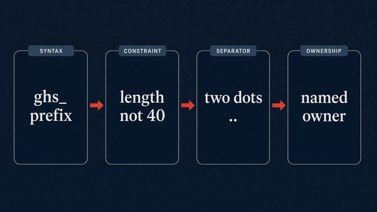 Flow: ghs_ prefix, length not 40, two dots, named owner