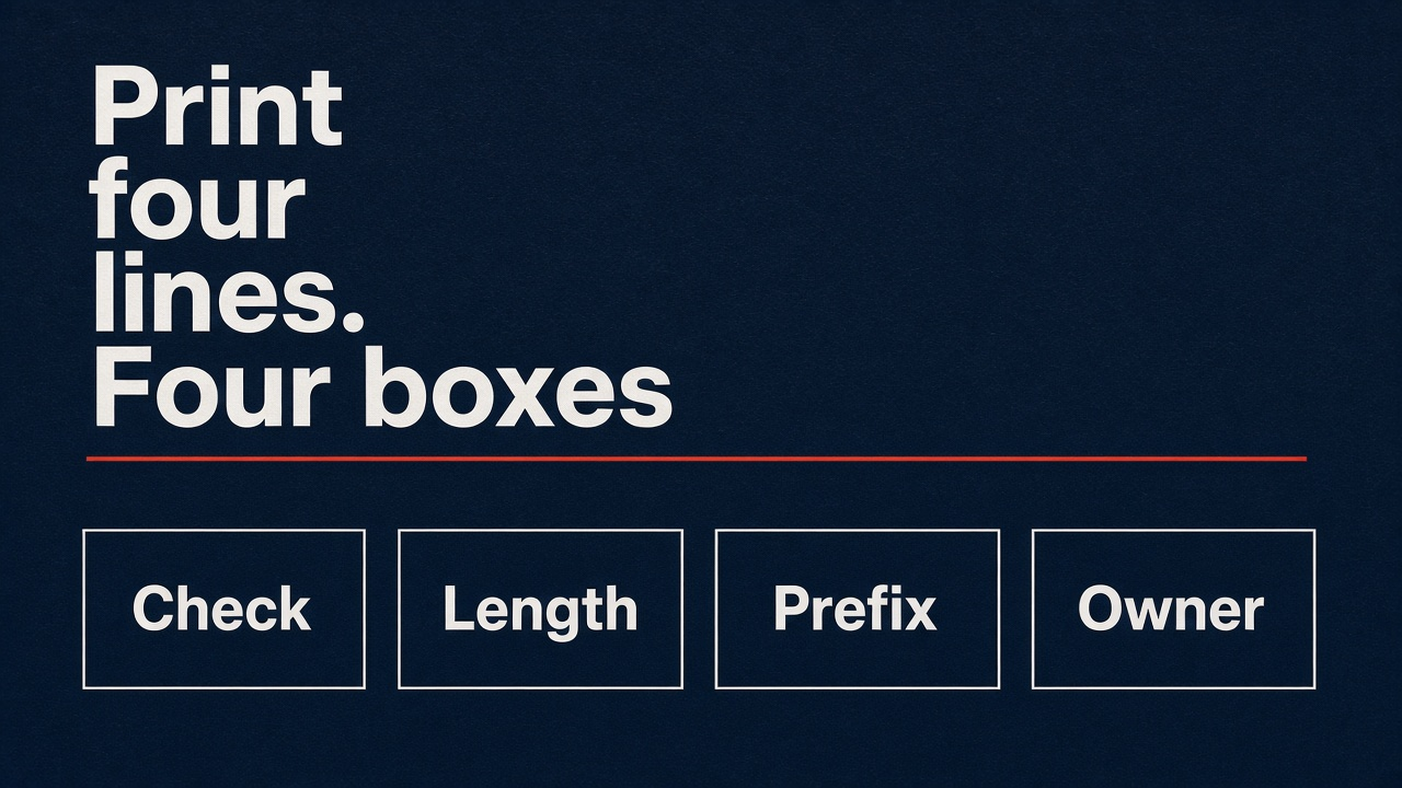 Print four lines: Check, Length, Prefix, Owner