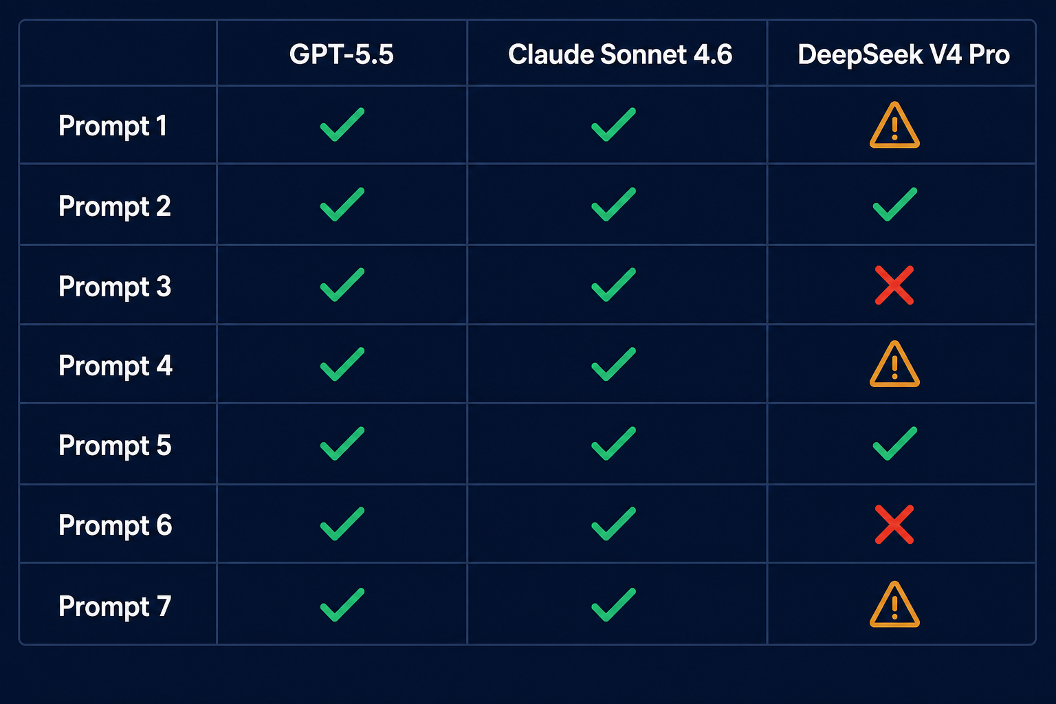 Prompt compatibility heatmap across GPT-5.5, Claude Sonnet 4.6, and DeepSeek V4 Pro