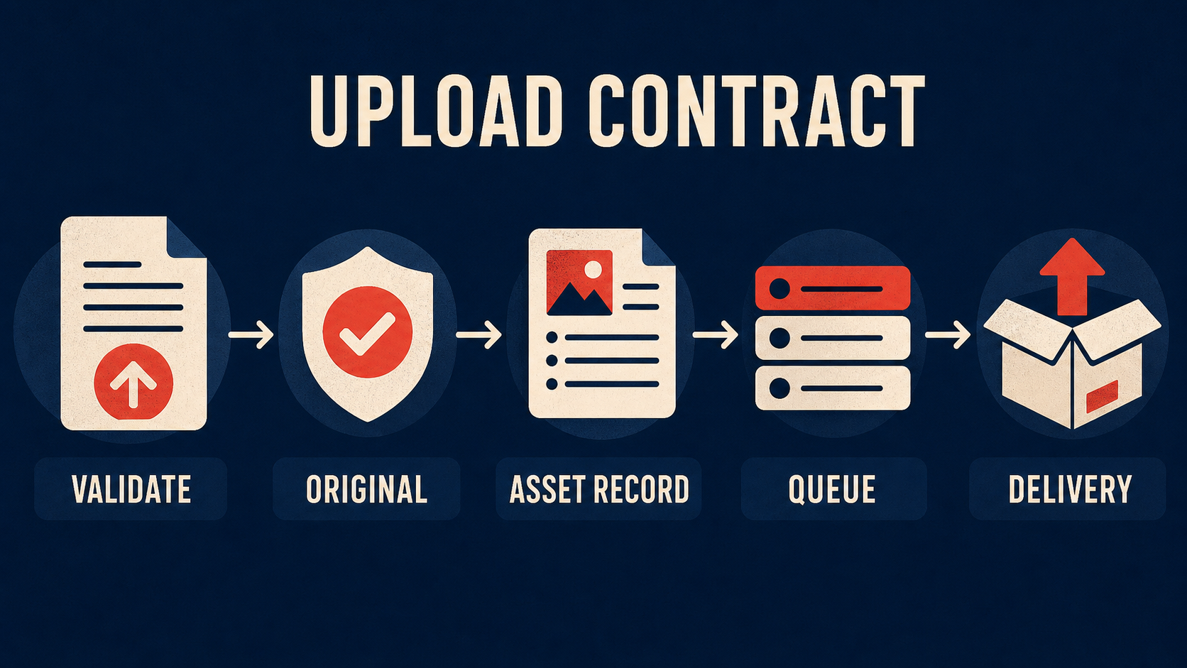 Upload lifecycle: validate, store the original, record the asset, queue processing, then deliver.