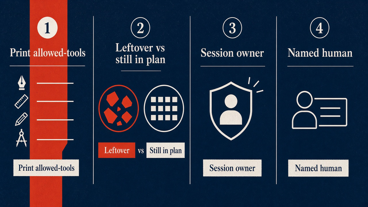 Four checks: Print allowed-tools, Leftover versus still in plan, Session owner, Named human