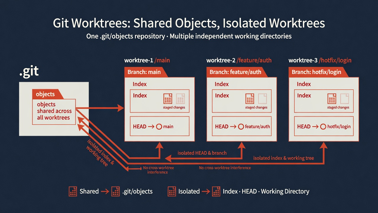 Git worktree isolation — separate index, separate HEAD, shared object DB