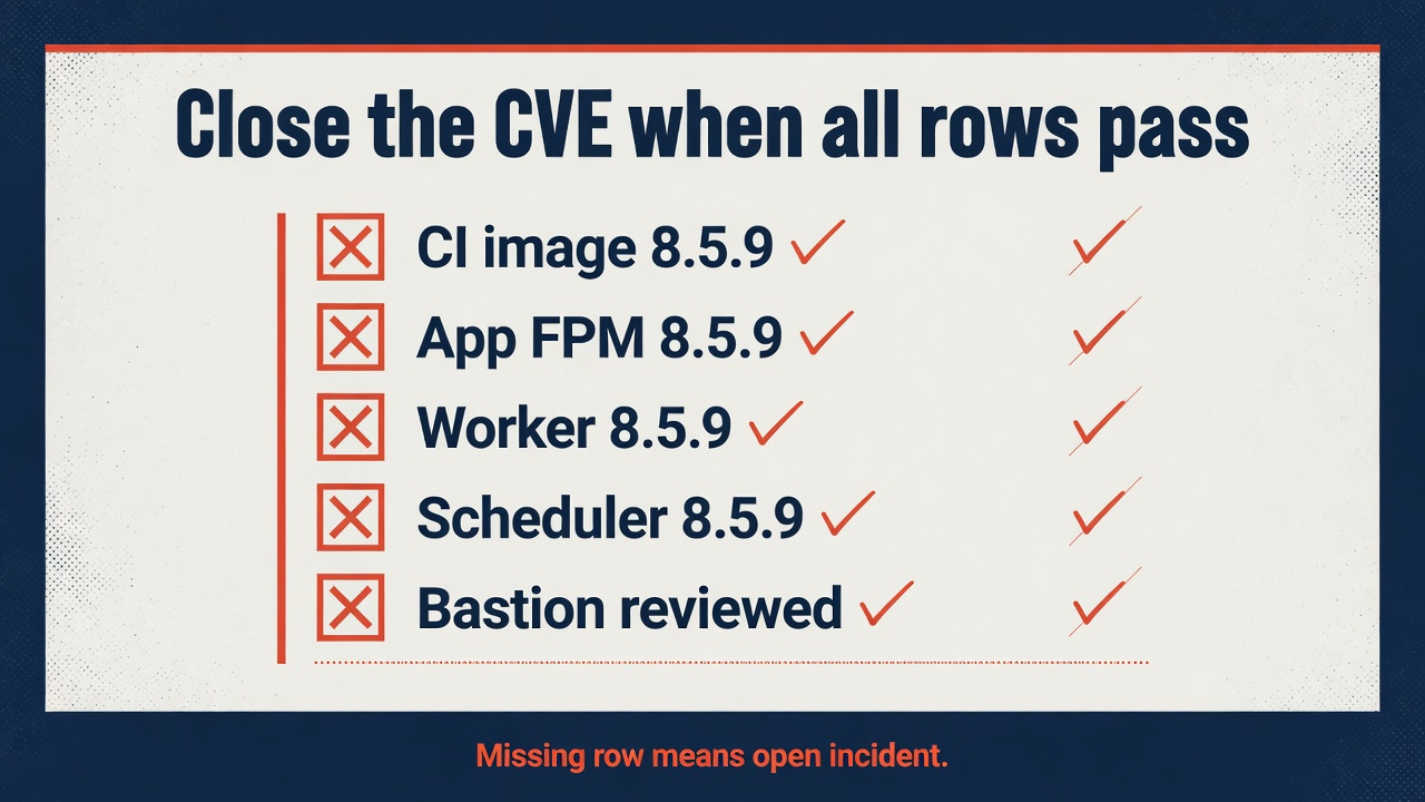 Close CVE-2026-17543 only when CI, FPM, worker, scheduler, and bastion inventory rows pass