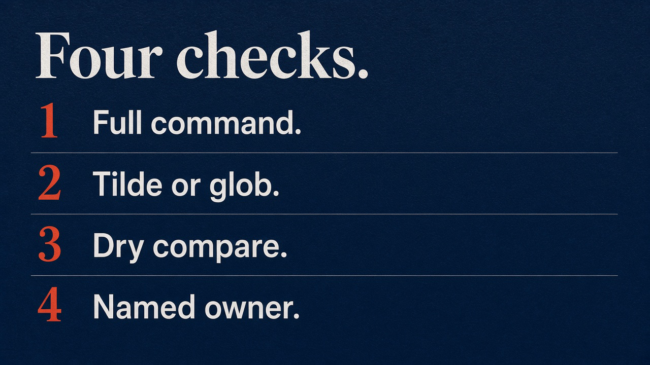 Four checks: Full command, Tilde or glob, Dry compare, Named owner