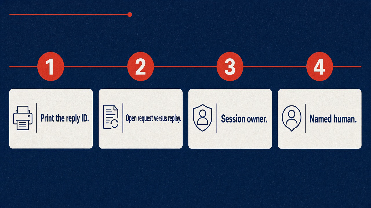 Four checks: Print the reply ID, Open request versus replay, Session owner, Named human