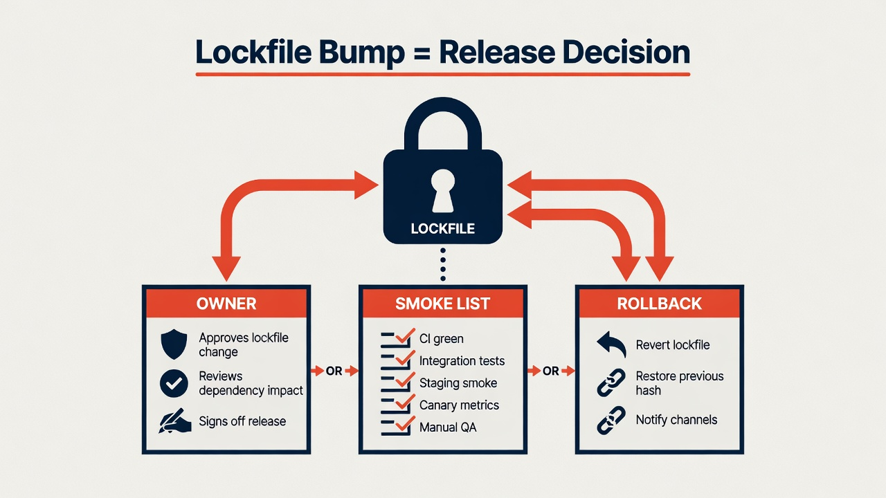 Lockfile bump framed as a release decision with owner, smoke list, and rollback