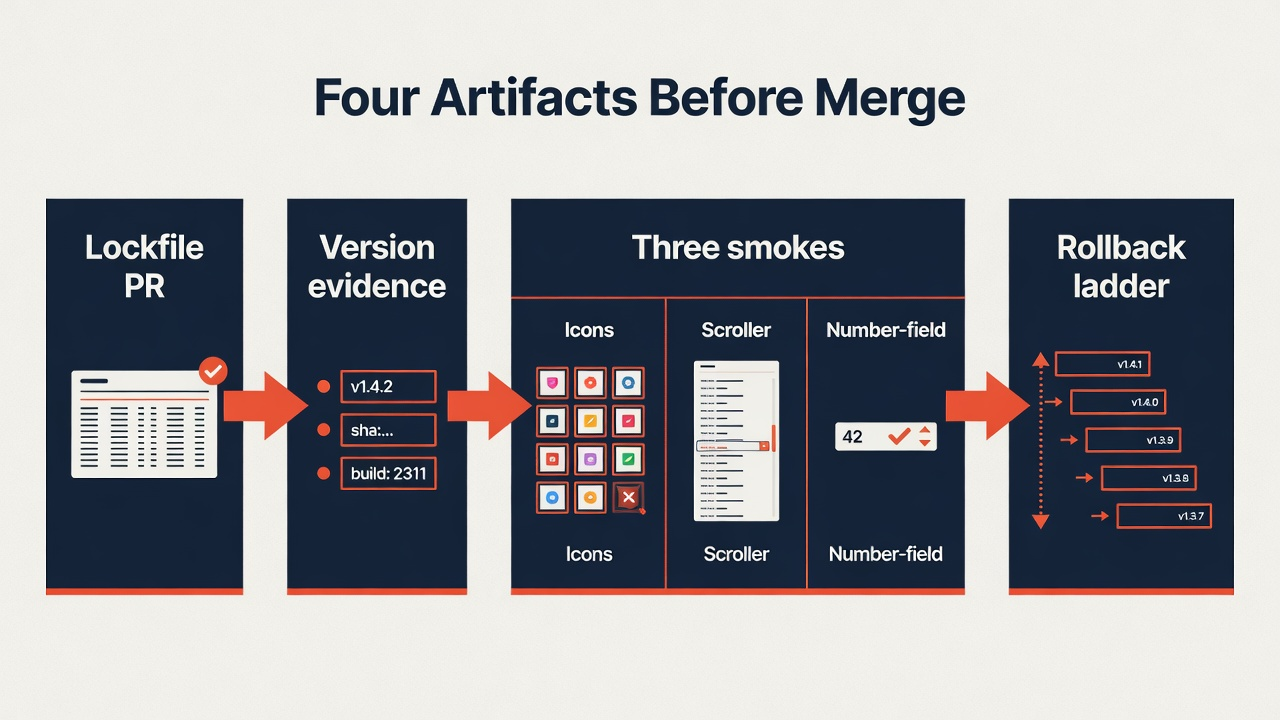 Four artifacts before merge: version evidence, three smokes, and a rollback ladder