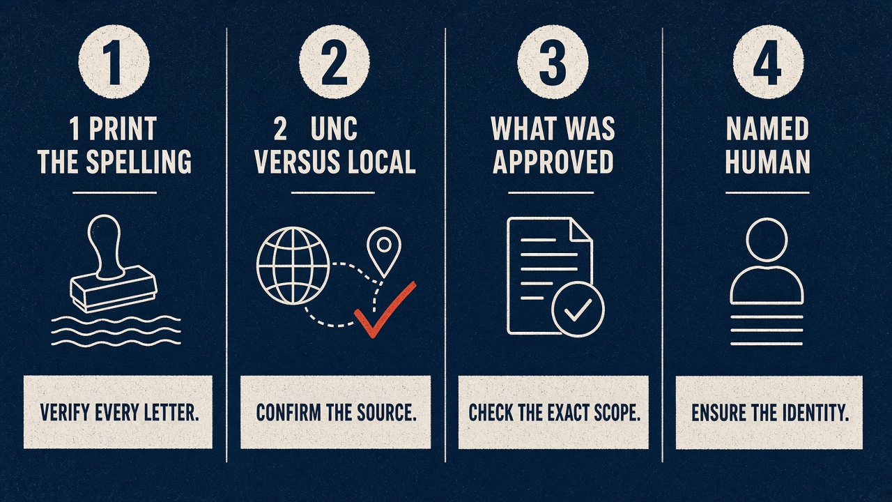 Four checks: Print the spelling, UNC versus local, What was approved, Named human