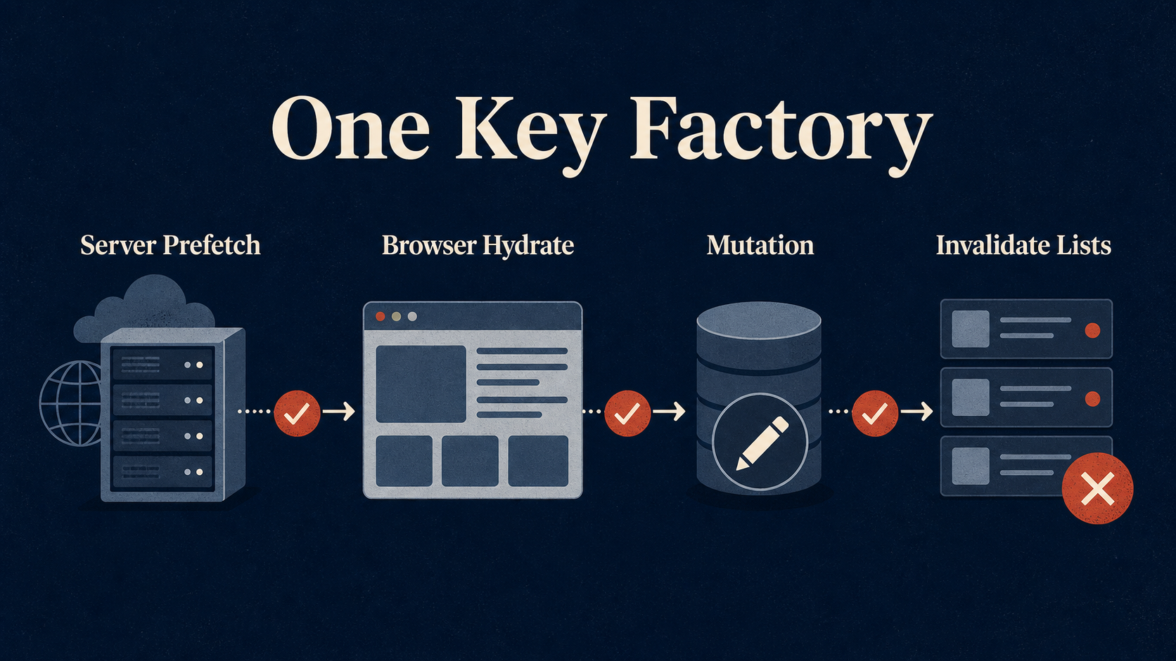 A shared key factory connects server prefetch, browser hydration, and invalidation