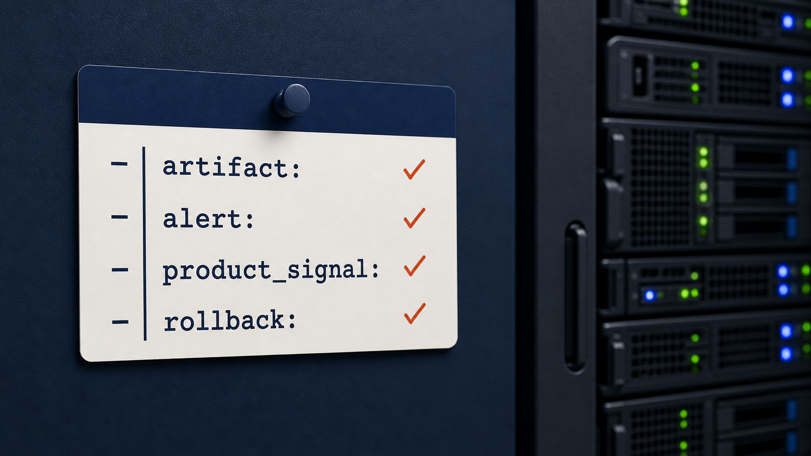 YAML maintenance contract card with artifact, alert, product signal, and rollback